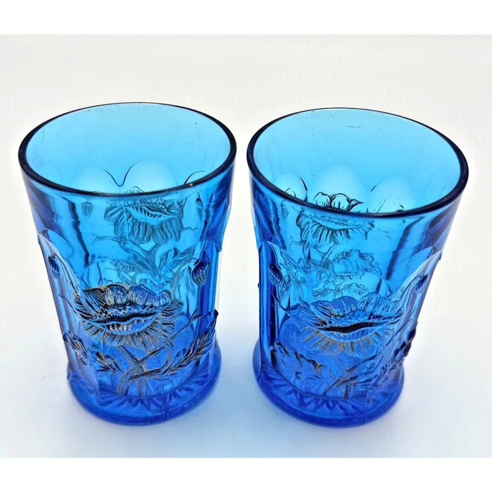 Antique Northwood Electric Celeste Blue Oriental Poppy Glass Tumblers EAPG Flora